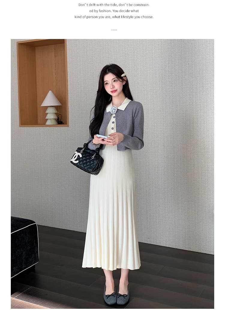 지금 실사 가을 겨울 niu 부서 꽃 부드러운 연령 감소 스택 착용 니트 오픈 가디건 조끼 원피스 세트 상세 이미지 20