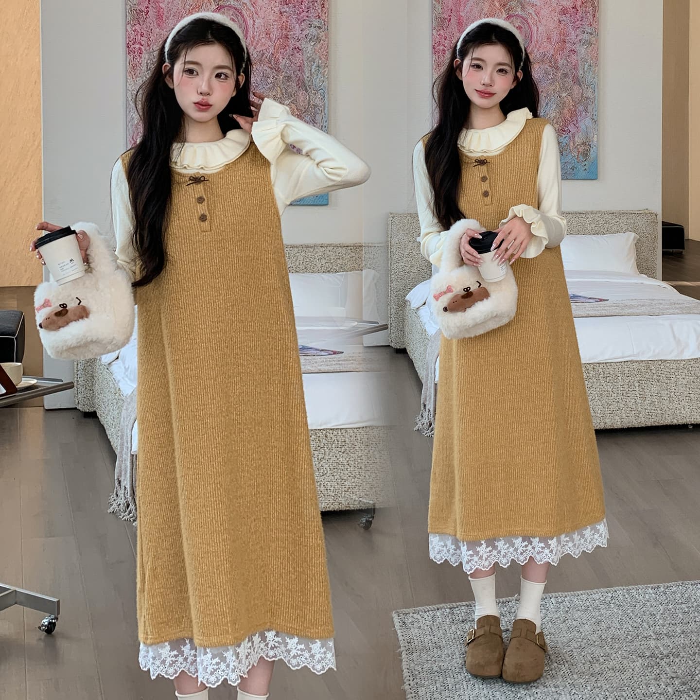지금 실사 가을 겨울 한 부서 레이스 측면 황색 니트 조끼 원피스 레이스 스웨터 투피스 세트 세트 이미지 5