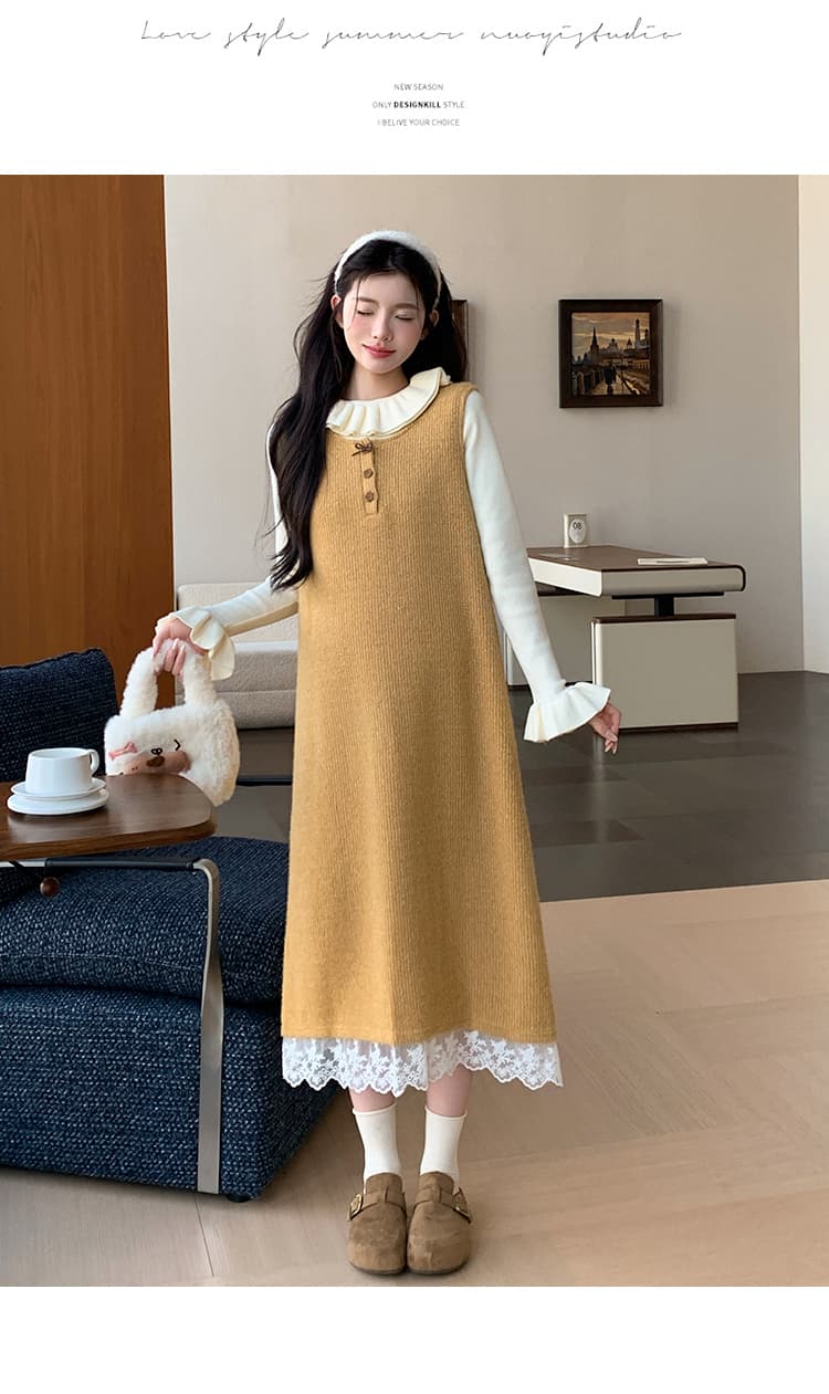 지금 실사 가을 겨울 한 부서 레이스 측면 황색 니트 조끼 원피스 레이스 스웨터 투피스 세트 세트 상세 이미지 13