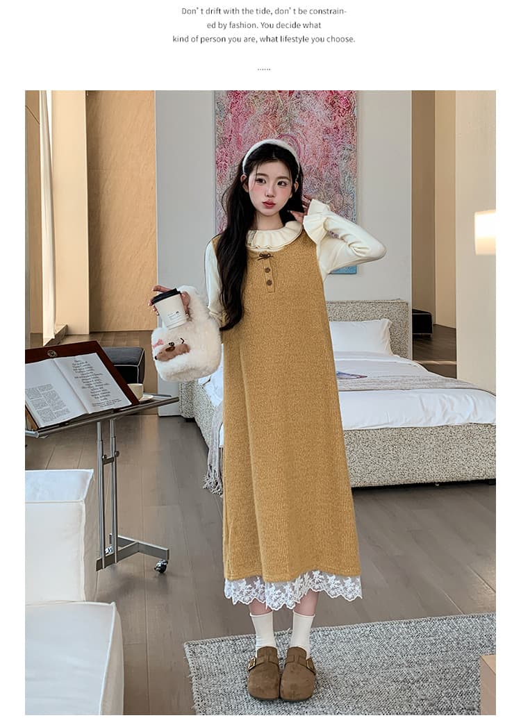 지금 실사 가을 겨울 한 부서 레이스 측면 황색 니트 조끼 원피스 레이스 스웨터 투피스 세트 세트 상세 이미지 20