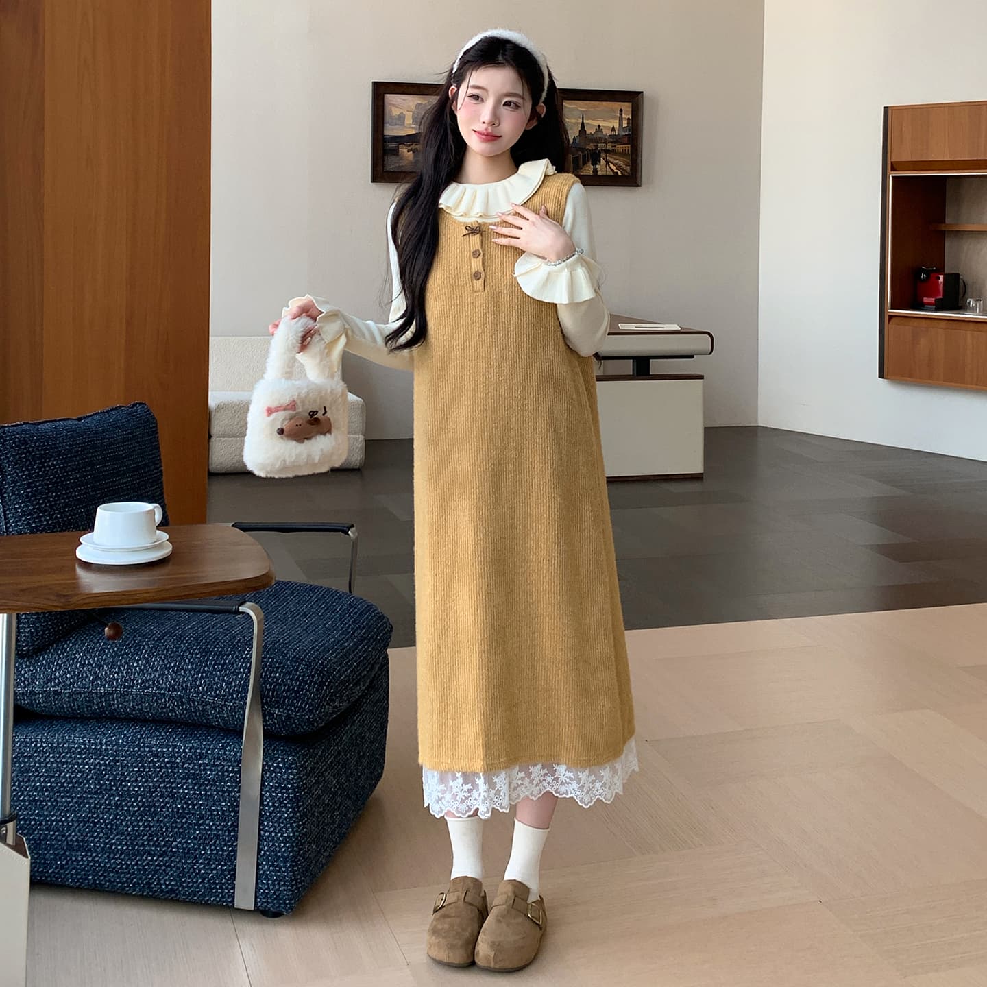 지금 실사 가을 겨울 한 부서 레이스 측면 황색 니트 조끼 원피스 레이스 스웨터 투피스 세트 세트 이미지 3
