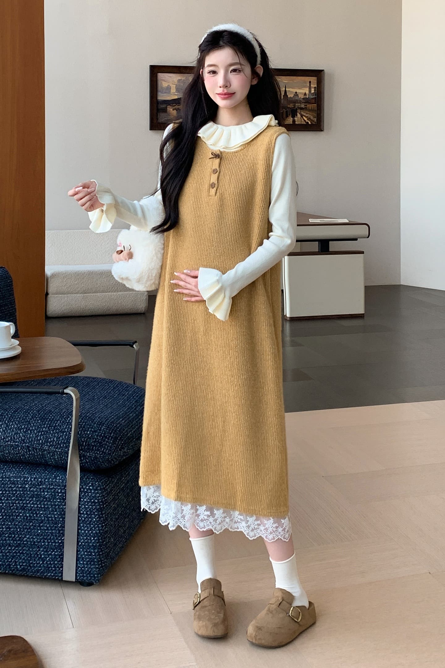 지금 실사 가을 겨울 한 부서 레이스 측면 황색 니트 조끼 원피스 레이스 스웨터 투피스 세트 세트 이미지 7