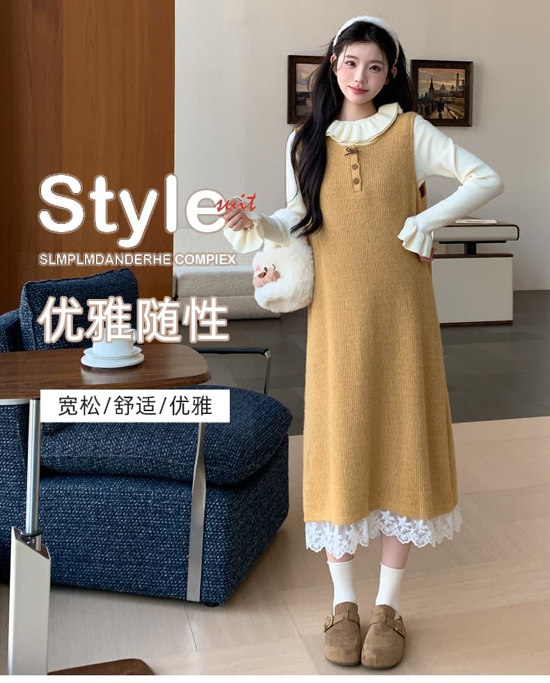 지금 실사 가을 겨울 한 부서 레이스 측면 황색 니트 조끼 원피스 레이스 스웨터 투피스 세트 세트 상세 이미지 1