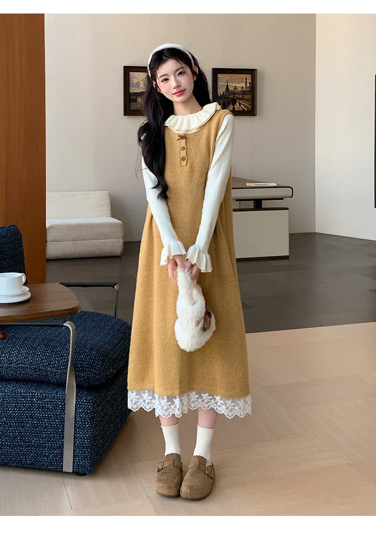 지금 실사 가을 겨울 한 부서 레이스 측면 황색 니트 조끼 원피스 레이스 스웨터 투피스 세트 세트 상세 이미지 10