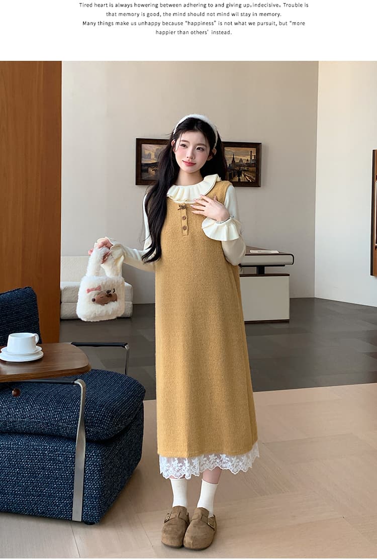 지금 실사 가을 겨울 한 부서 레이스 측면 황색 니트 조끼 원피스 레이스 스웨터 투피스 세트 세트 상세 이미지 11