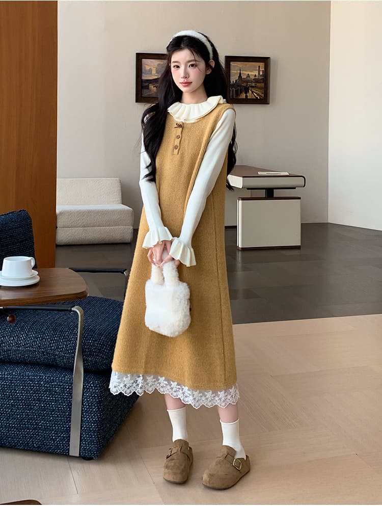지금 실사 가을 겨울 한 부서 레이스 측면 황색 니트 조끼 원피스 레이스 스웨터 투피스 세트 세트 상세 이미지 12