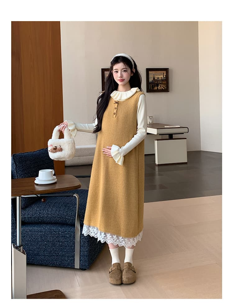 지금 실사 가을 겨울 한 부서 레이스 측면 황색 니트 조끼 원피스 레이스 스웨터 투피스 세트 세트 상세 이미지 14