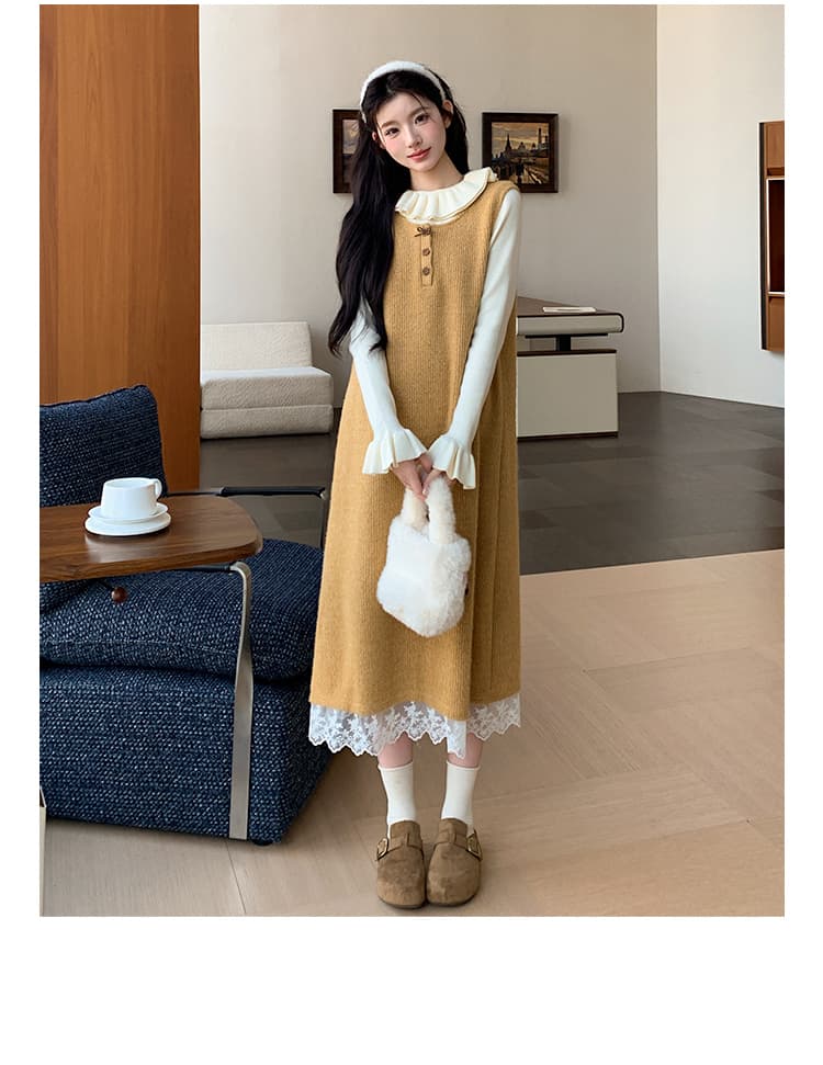 지금 실사 가을 겨울 한 부서 레이스 측면 황색 니트 조끼 원피스 레이스 스웨터 투피스 세트 세트 상세 이미지 15