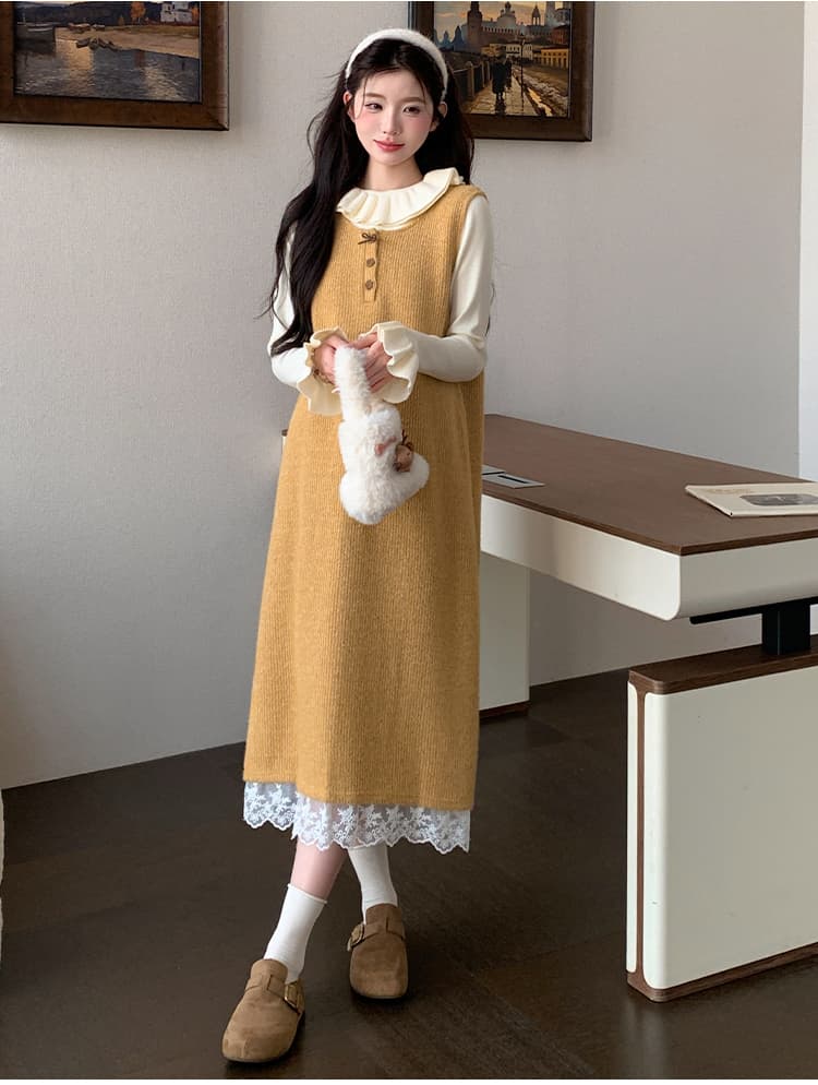 지금 실사 가을 겨울 한 부서 레이스 측면 황색 니트 조끼 원피스 레이스 스웨터 투피스 세트 세트 상세 이미지 18