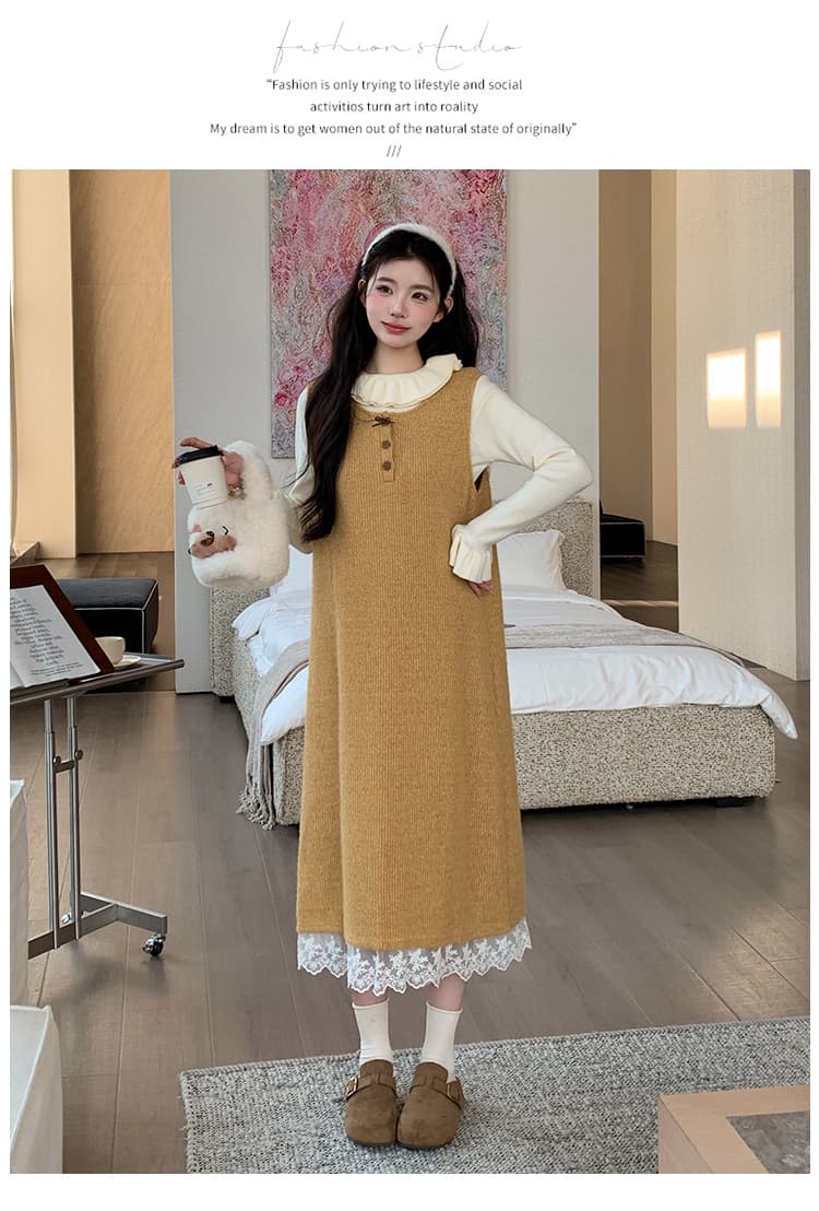 지금 실사 가을 겨울 한 부서 레이스 측면 황색 니트 조끼 원피스 레이스 스웨터 투피스 세트 세트 상세 이미지 19