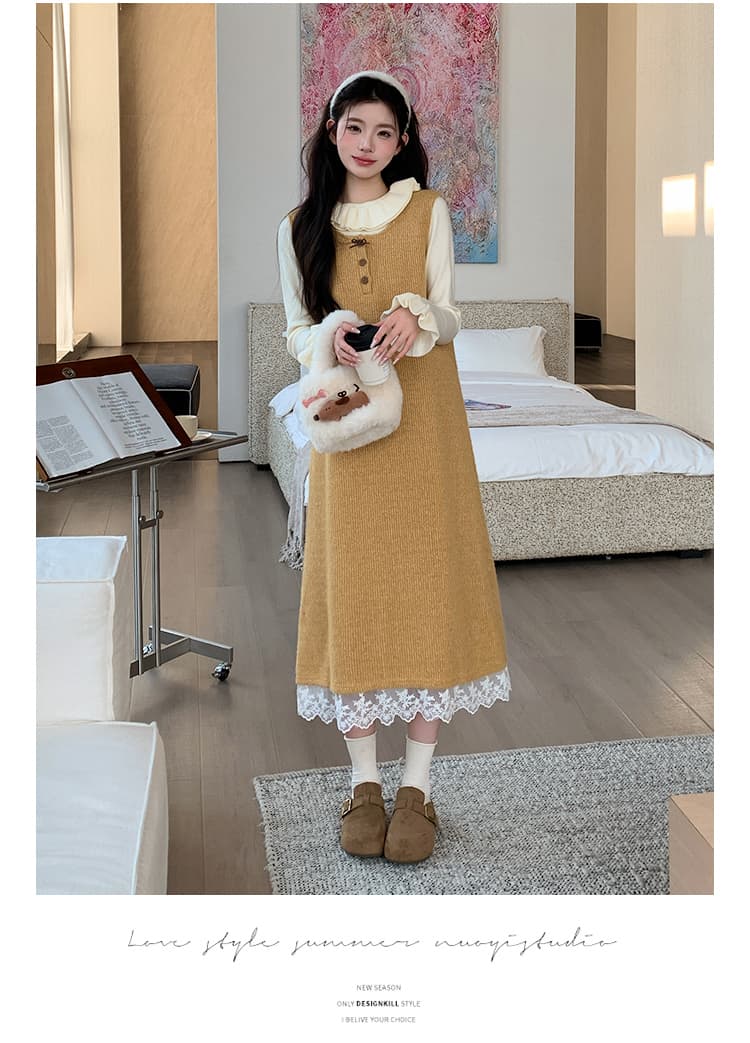 지금 실사 가을 겨울 한 부서 레이스 측면 황색 니트 조끼 원피스 레이스 스웨터 투피스 세트 세트 상세 이미지 21