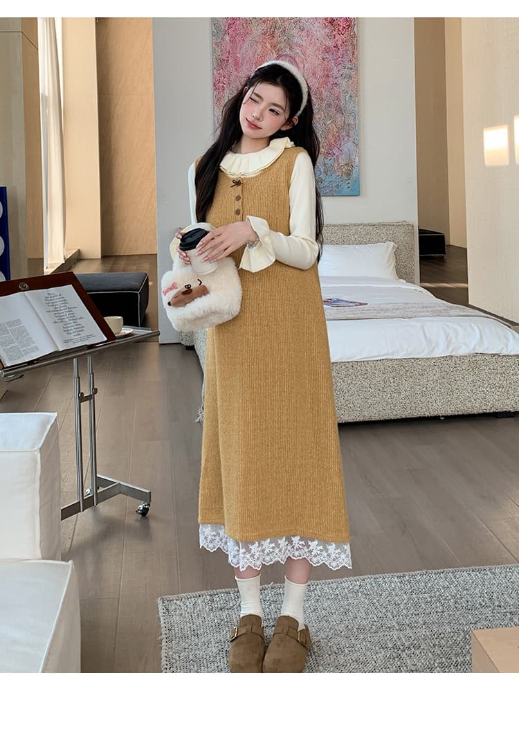 지금 실사 가을 겨울 한 부서 레이스 측면 황색 니트 조끼 원피스 레이스 스웨터 투피스 세트 세트 상세 이미지 22