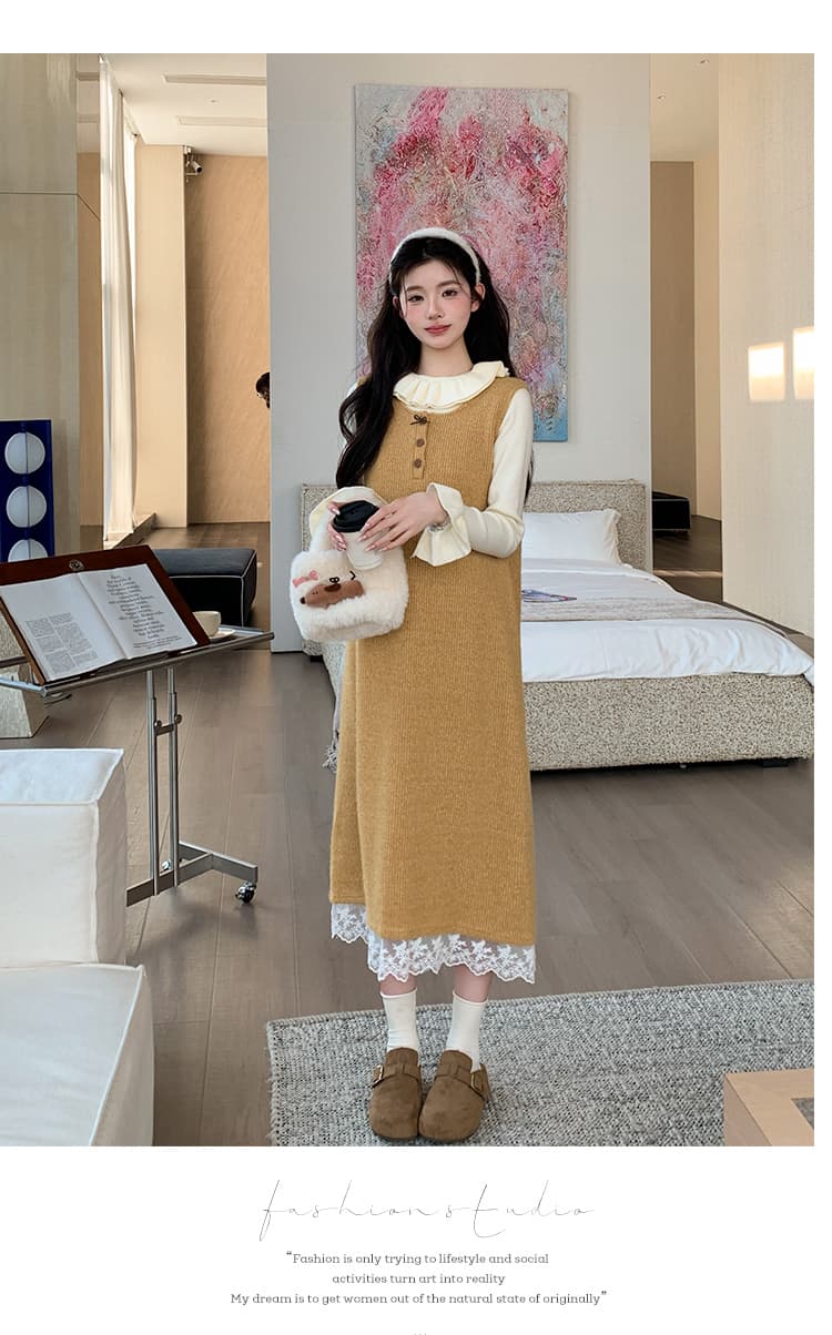 지금 실사 가을 겨울 한 부서 레이스 측면 황색 니트 조끼 원피스 레이스 스웨터 투피스 세트 세트 상세 이미지 23