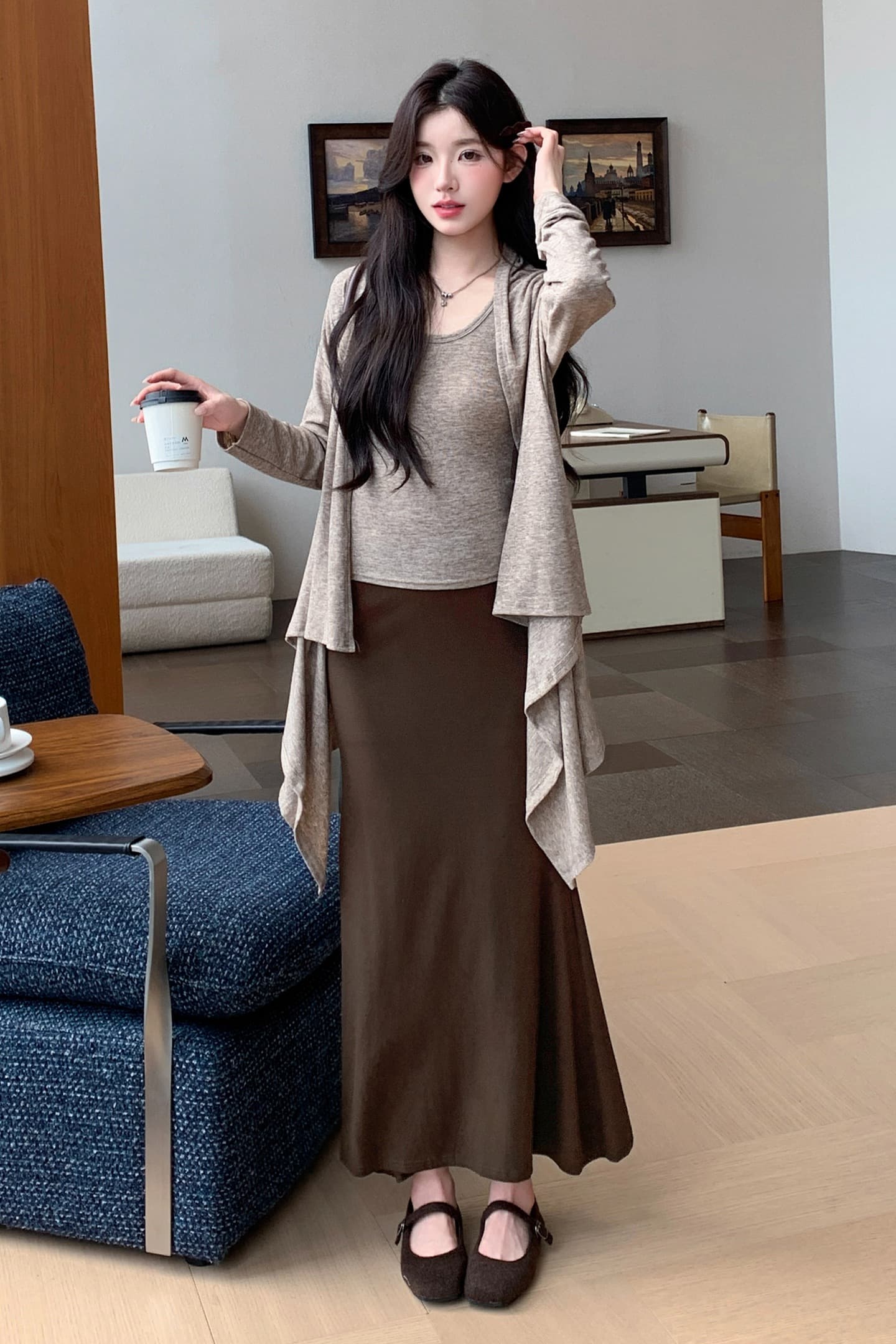 지금 실사 이른 가을 청 순수한 시스템 느슨함 센스 숄 오픈 가디건 슬립 반 스커트 3개 세트 이미지 7