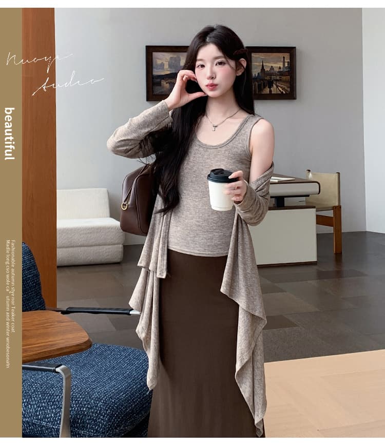 지금 실사 이른 가을 청 순수한 시스템 느슨함 센스 숄 오픈 가디건 슬립 반 스커트 3개 세트 상세 이미지 5