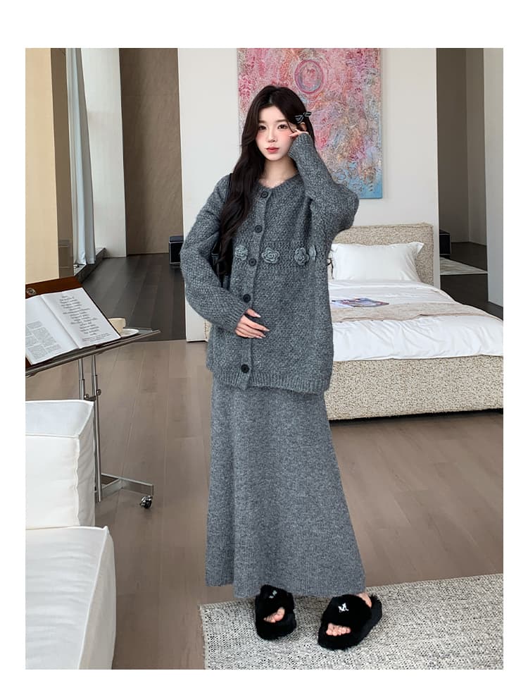 지금 실사 가을 겨울 한 부서 느긋한 바람 3 차원 꽃 스웨터 세트 투피스 슈트 상세 이미지 14