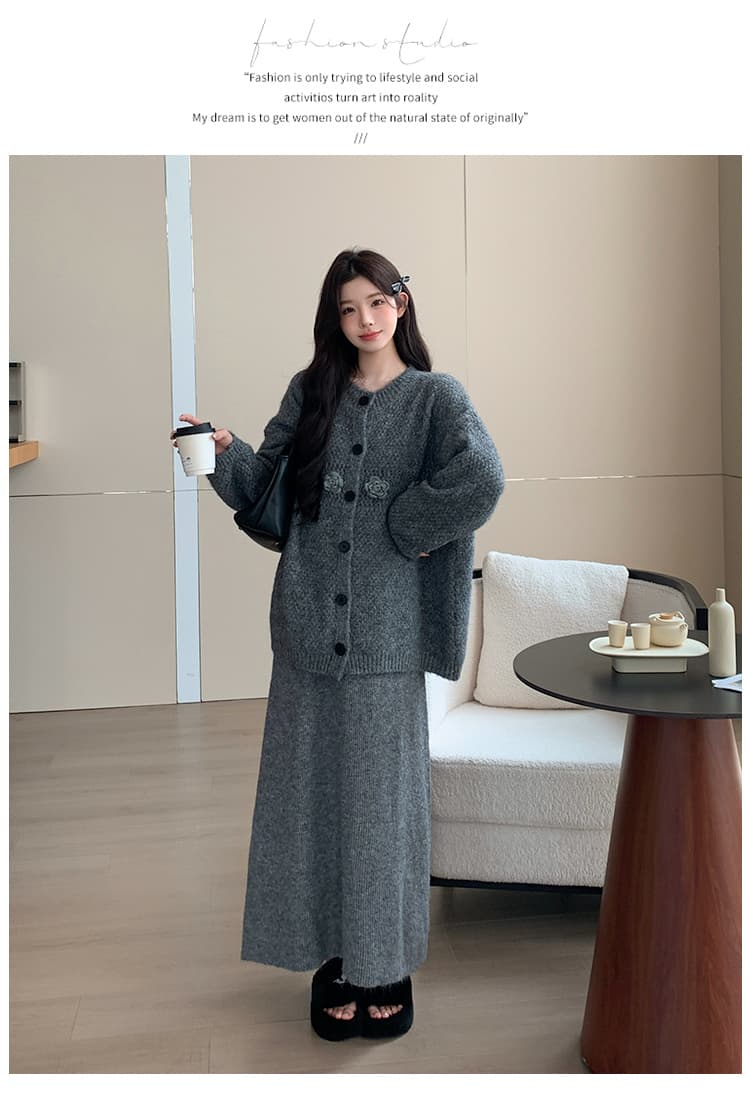 지금 실사 가을 겨울 한 부서 느긋한 바람 3 차원 꽃 스웨터 세트 투피스 슈트 상세 이미지 19