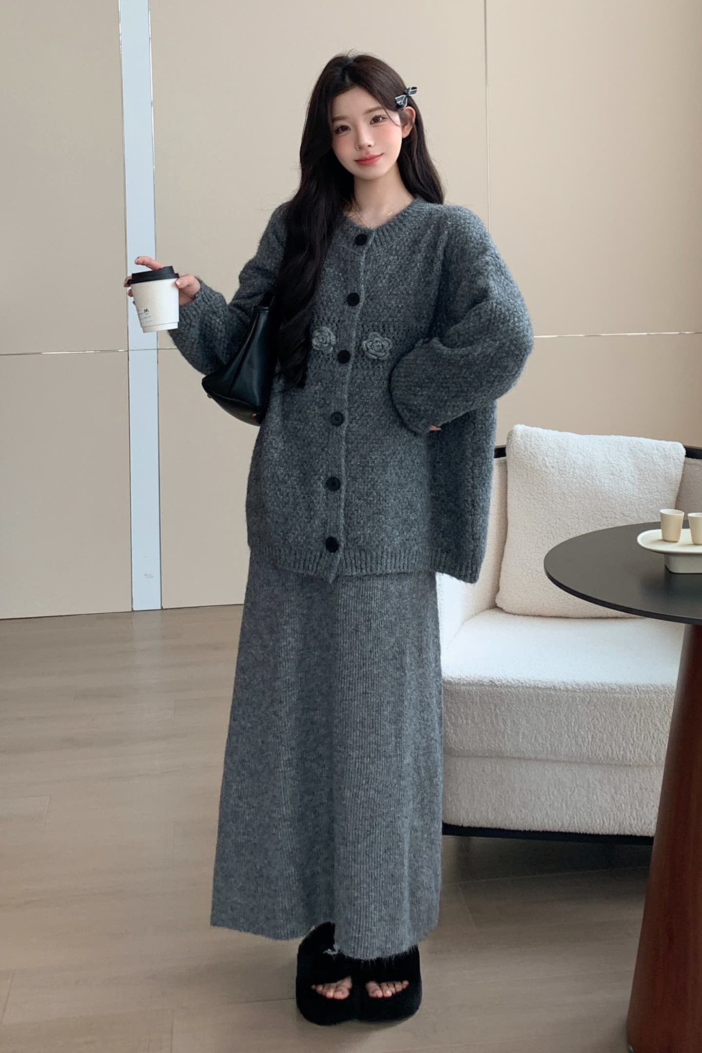 지금 실사 가을 겨울 한 부서 느긋한 바람 3 차원 꽃 스웨터 세트 투피스 슈트 이미지 7