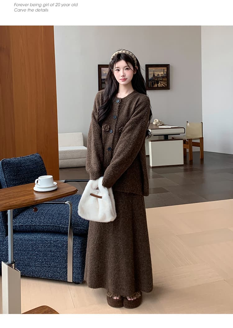 지금 실사 가을 겨울 한 부서 느긋한 바람 3 차원 꽃 스웨터 세트 투피스 슈트 상세 이미지 28
