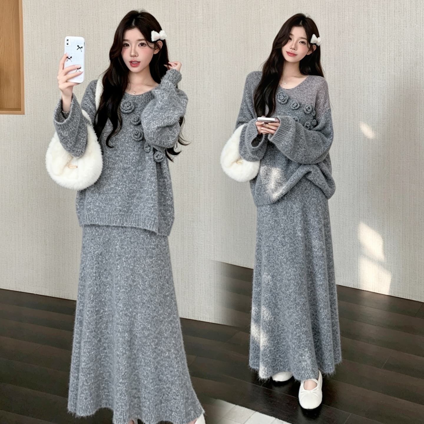 지금 실사 가을 겨울 한 부서 느긋한 바람 3 차원 꽃 스웨터 세트 이미지 4
