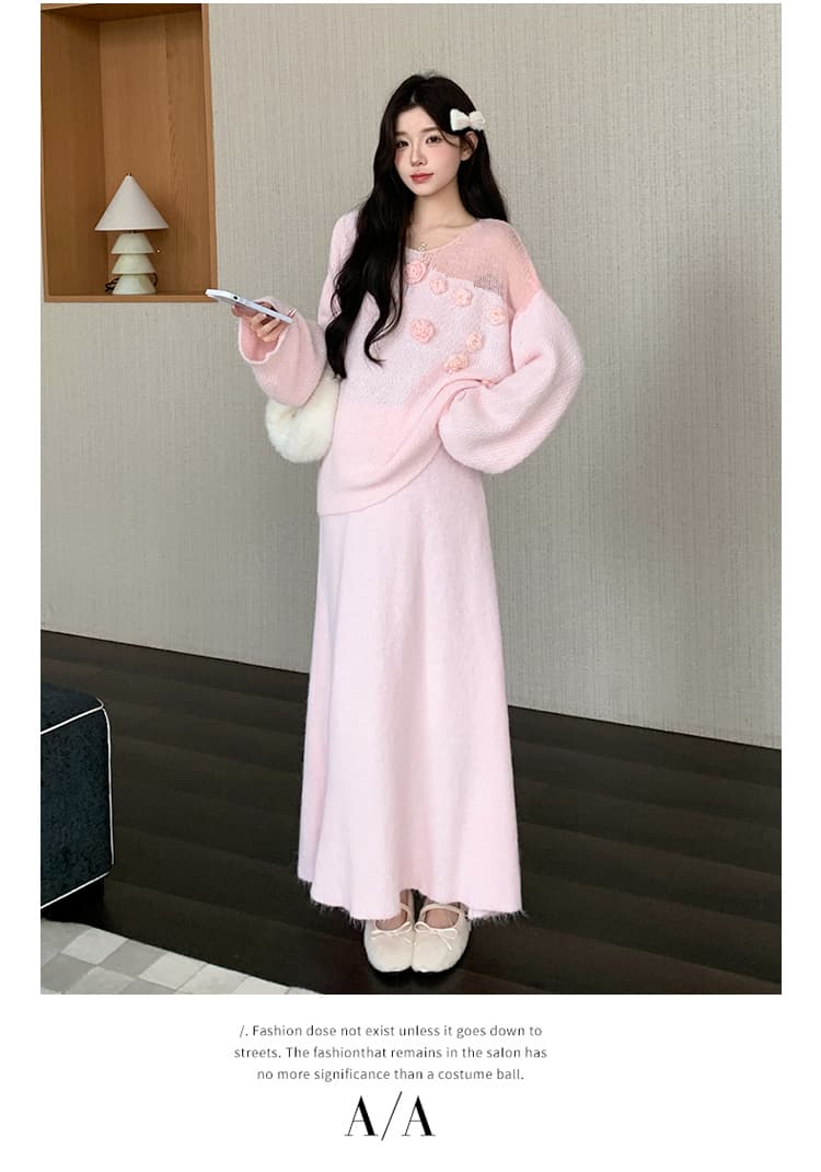 지금 실사 가을 겨울 한 부서 느긋한 바람 3 차원 꽃 스웨터 세트 상세 이미지 10
