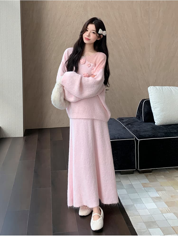지금 실사 가을 겨울 한 부서 느긋한 바람 3 차원 꽃 스웨터 세트 상세 이미지 13