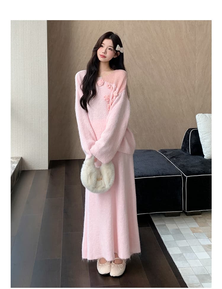 지금 실사 가을 겨울 한 부서 느긋한 바람 3 차원 꽃 스웨터 세트 상세 이미지 15