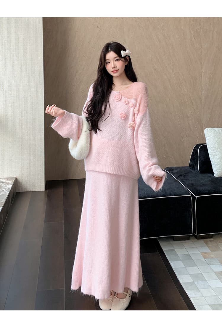 지금 실사 가을 겨울 한 부서 느긋한 바람 3 차원 꽃 스웨터 세트 상세 이미지 18