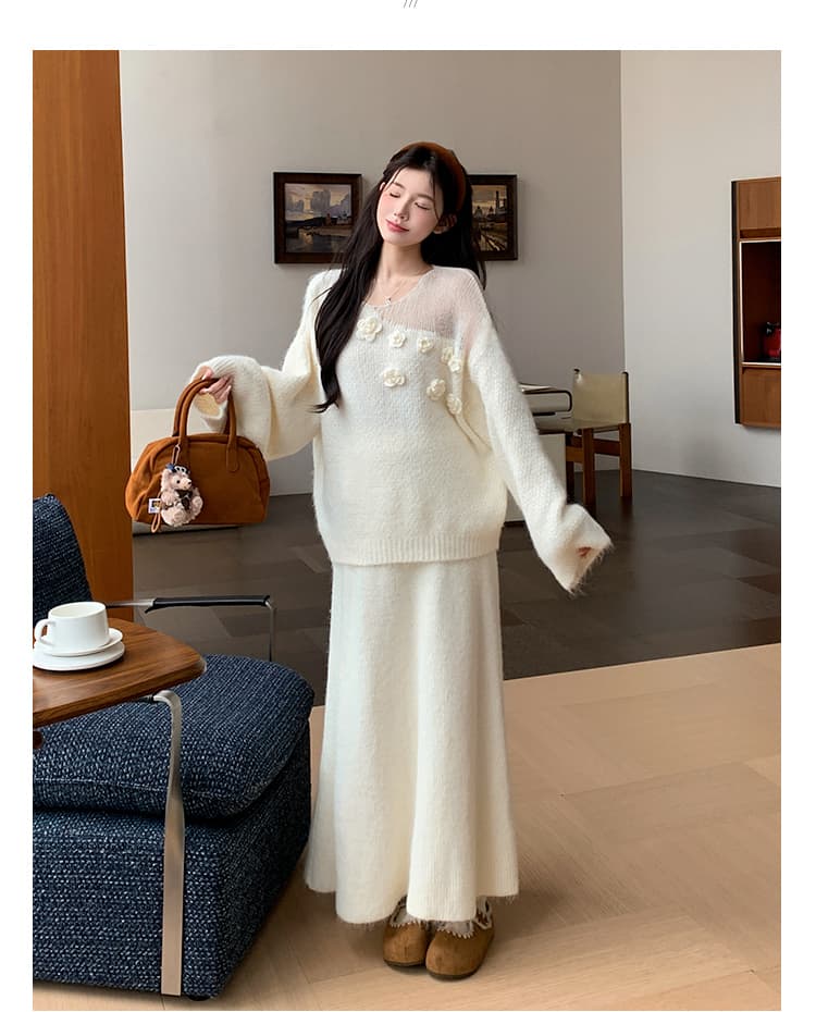 지금 실사 가을 겨울 한 부서 느긋한 바람 3 차원 꽃 스웨터 세트 상세 이미지 25