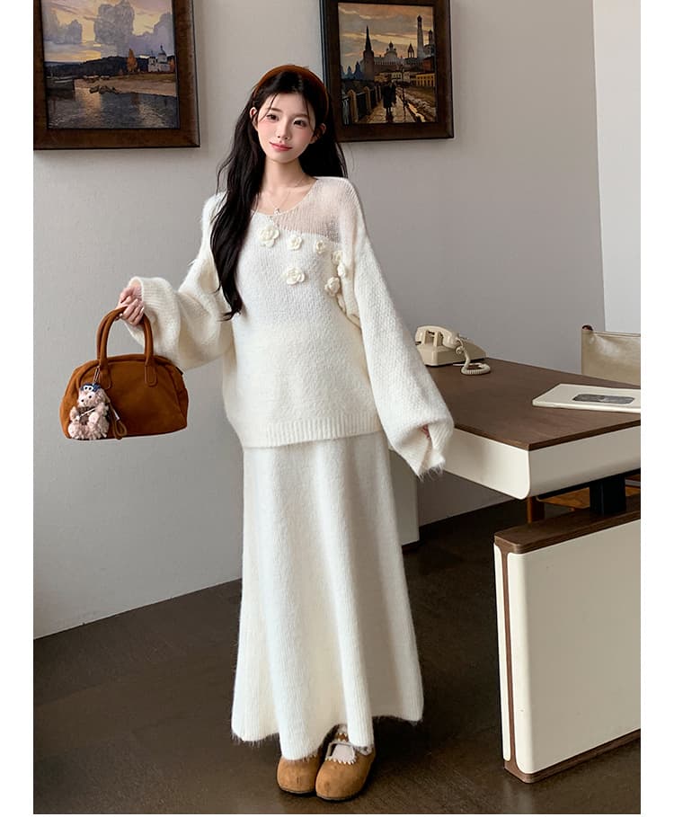 지금 실사 가을 겨울 한 부서 느긋한 바람 3 차원 꽃 스웨터 세트 상세 이미지 30