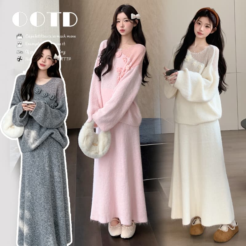지금 실사 가을 겨울 한 부서 느긋한 바람 3 차원 꽃 스웨터 세트 이미지 2