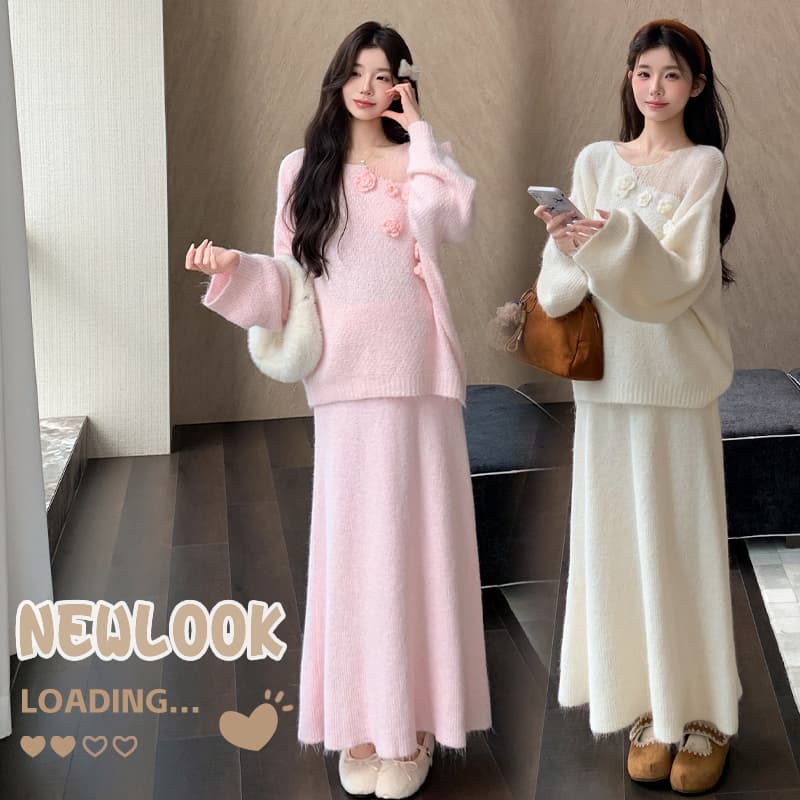 지금 실사 가을 겨울 한 부서 느긋한 바람 3 차원 꽃 스웨터 세트 이미지 3