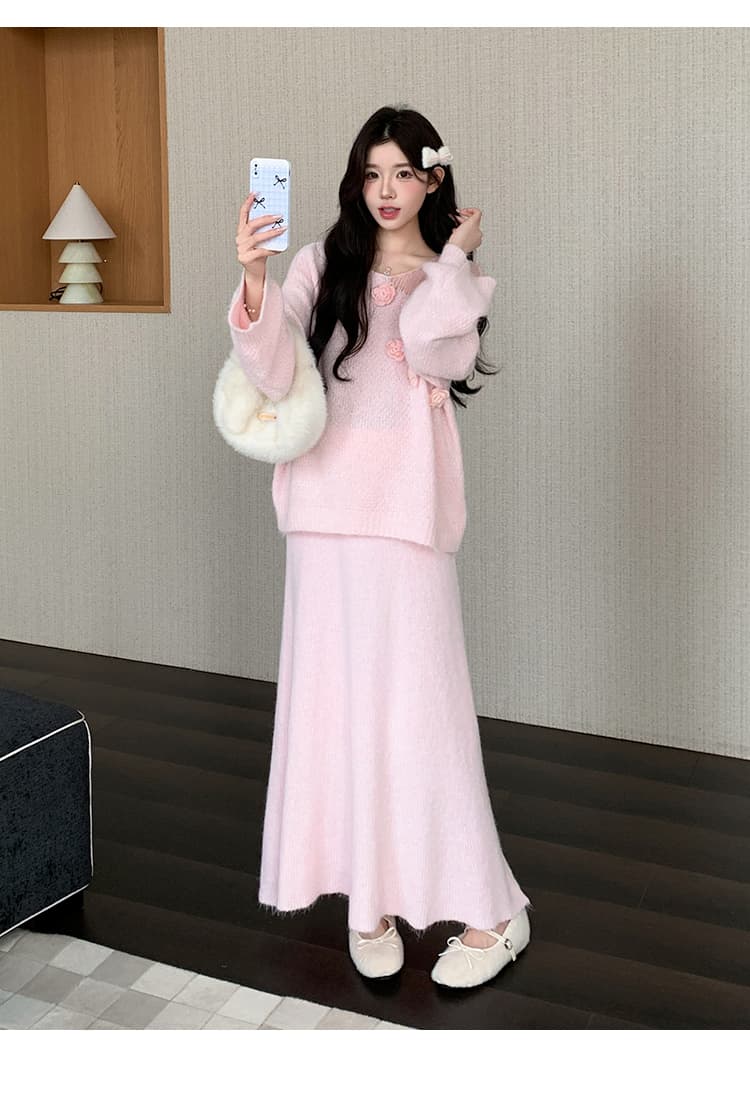 지금 실사 가을 겨울 한 부서 느긋한 바람 3 차원 꽃 스웨터 세트 상세 이미지 11