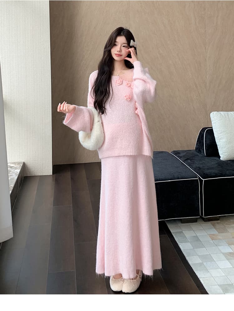 지금 실사 가을 겨울 한 부서 느긋한 바람 3 차원 꽃 스웨터 세트 상세 이미지 19