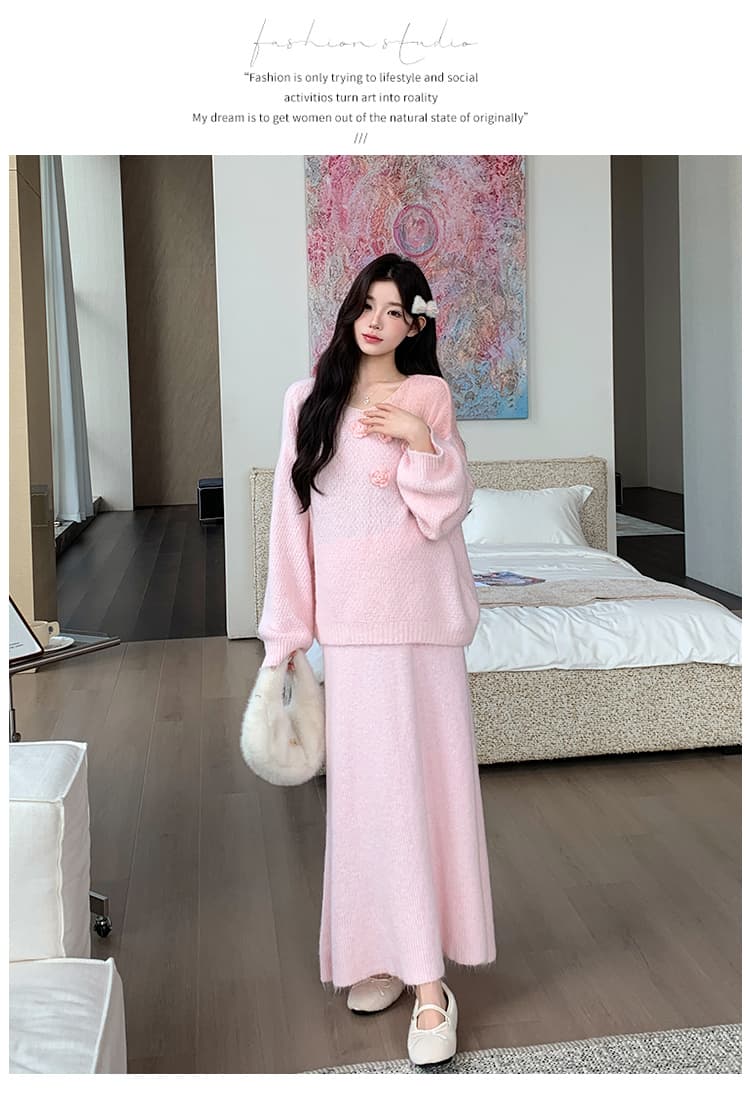 지금 실사 가을 겨울 한 부서 느긋한 바람 3 차원 꽃 스웨터 세트 상세 이미지 20