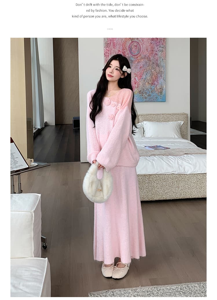 지금 실사 가을 겨울 한 부서 느긋한 바람 3 차원 꽃 스웨터 세트 상세 이미지 21