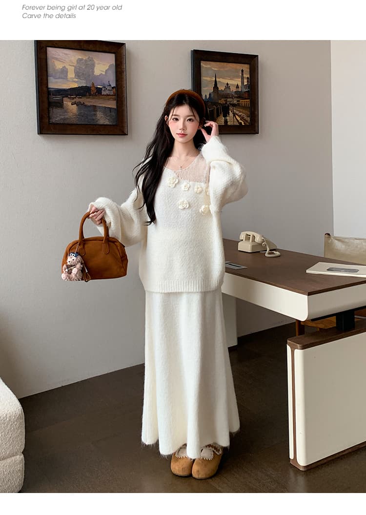 지금 실사 가을 겨울 한 부서 느긋한 바람 3 차원 꽃 스웨터 세트 상세 이미지 29