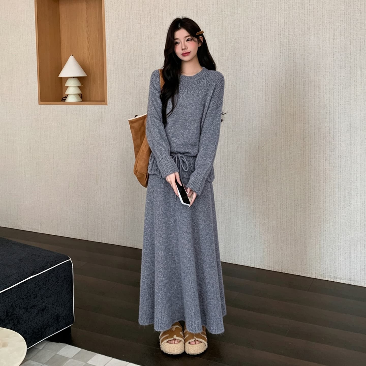 지금 실사 가을 겨울 한 부서 펌프 로프 맨위 스웨터 가져 가라. 반 스커트 세트 이미지 3