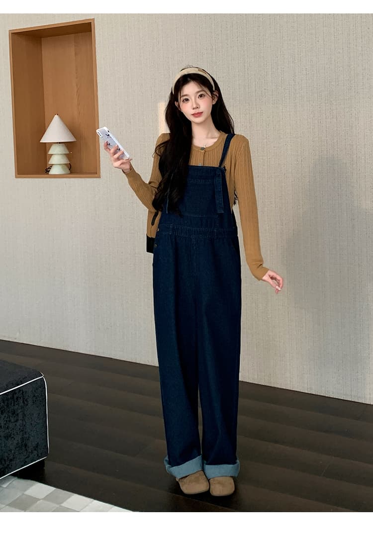 지금 실사 가을 겨울 한 부서 루즈핏 멜빵 바지 자수 스웨터 세트 상세 이미지 11