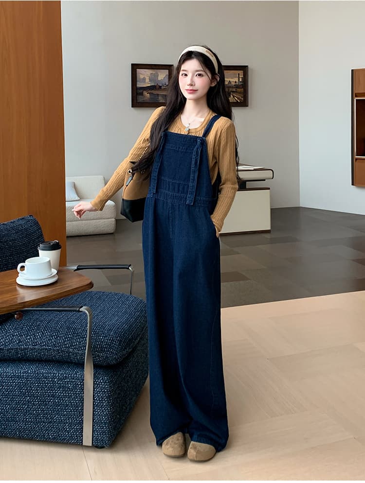 지금 실사 가을 겨울 한 부서 루즈핏 멜빵 바지 자수 스웨터 세트 상세 이미지 19