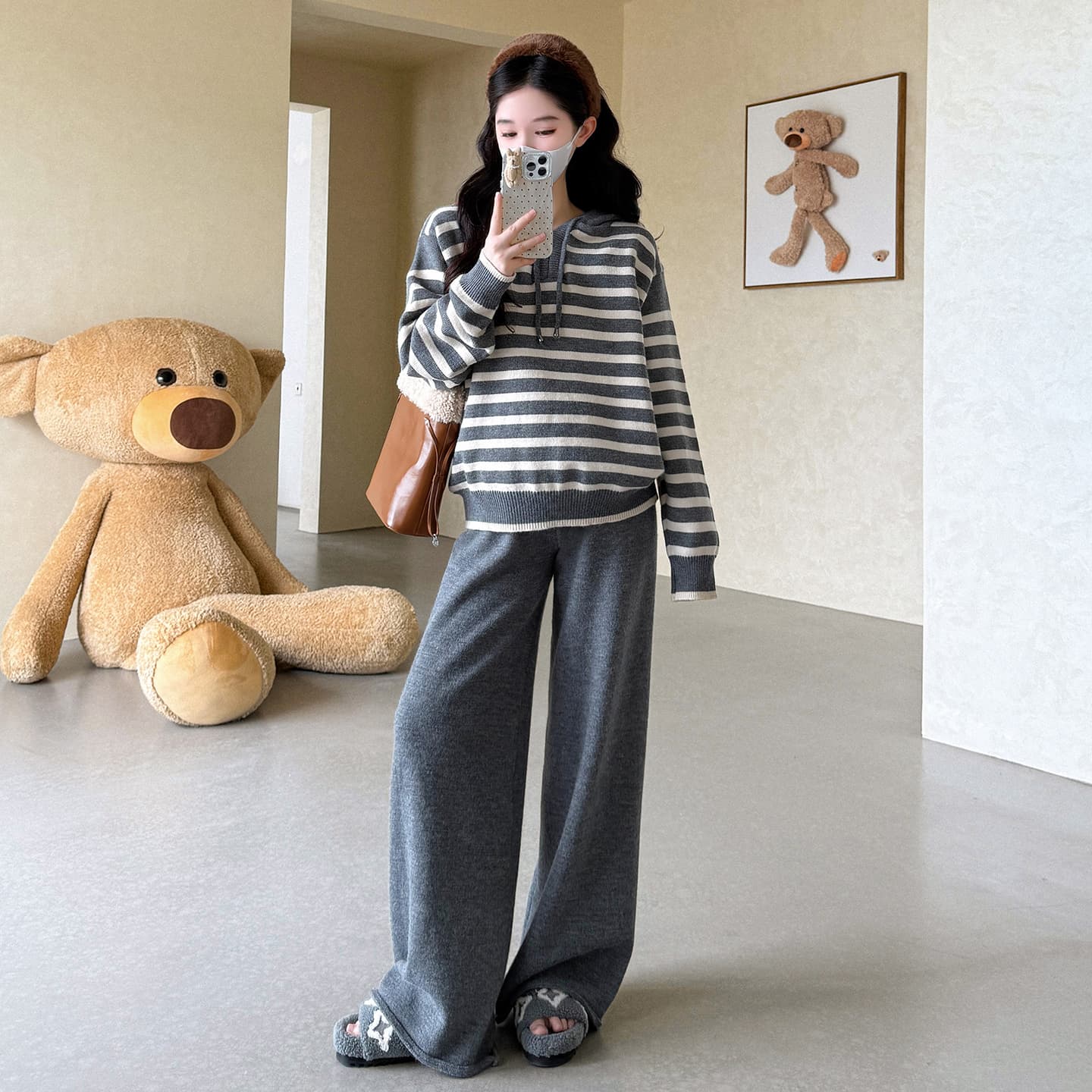 지금 실사 가을 겨울 한 부서 두꺼운 스트라이프 스웨터 세트 이미지 4