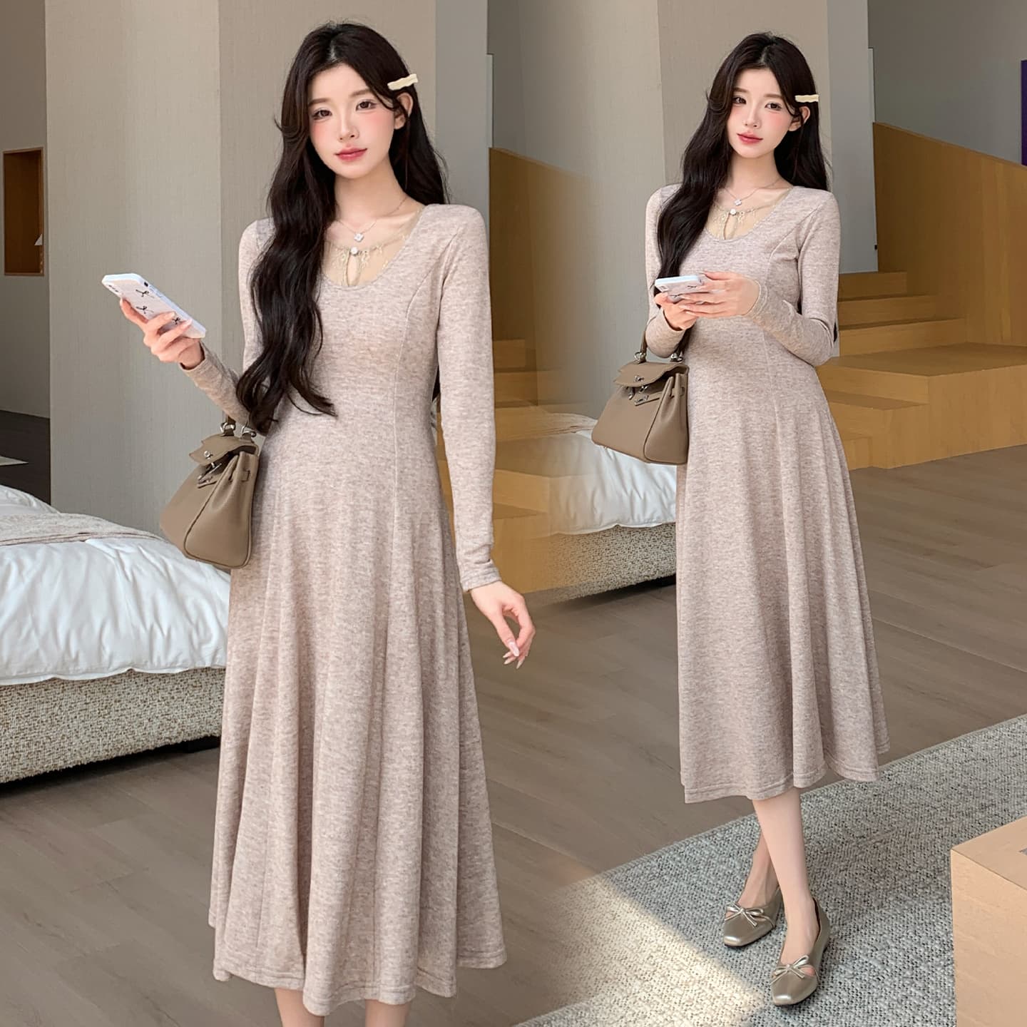 실사 가을 겨울 한 부서 프랑스식 몸매 가꾸기 슬림해 보이는 레이스 조각 드레스 보내기 리본 이미지 5