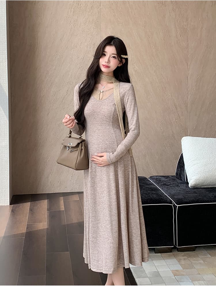 실사 가을 겨울 한 부서 프랑스식 몸매 가꾸기 슬림해 보이는 레이스 조각 드레스 보내기 리본 상세 이미지 17