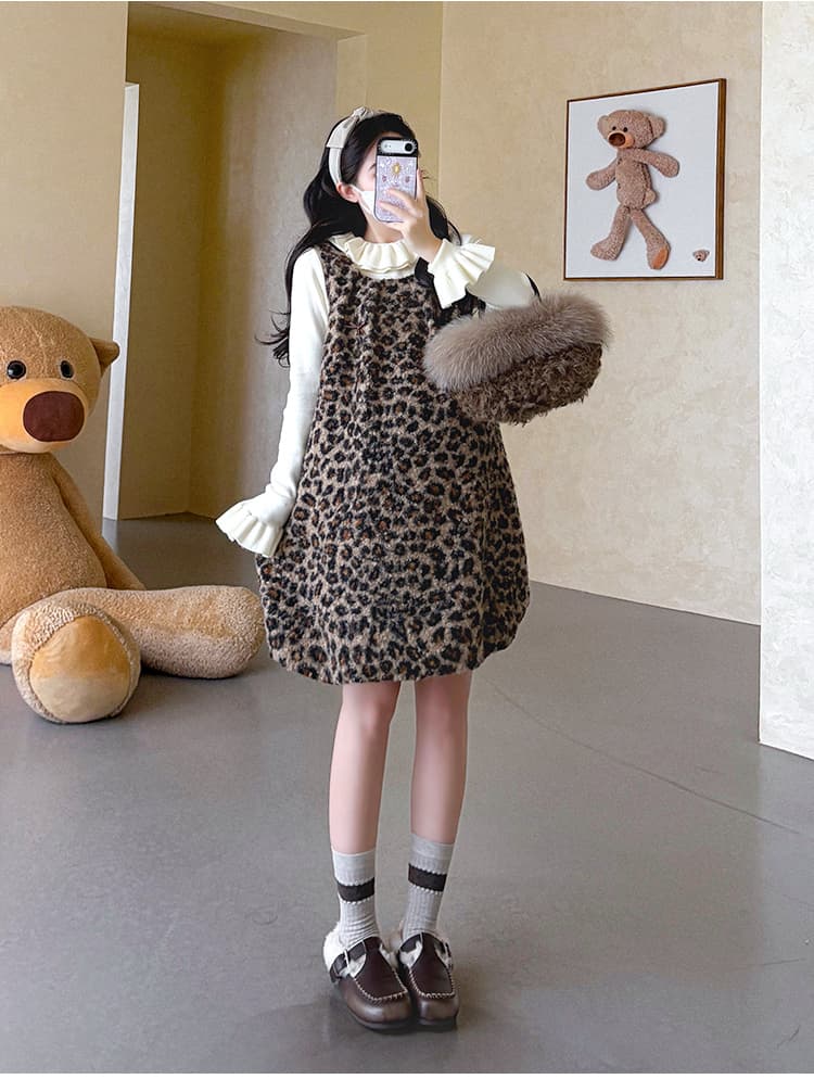 지금 실사 가을 겨울 임산부 모피 레오파드 무늬 꽃밭 조끼 스커트 꽃잎 스웨터 세트 상세 이미지 17