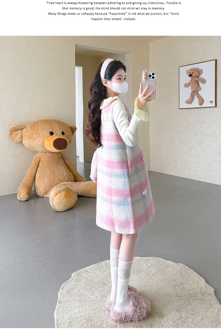 지금 실사 가을 겨울 한 부서 달콤함 체크무늬 수공 나비 매듭 조끼 스커트 레이스 스웨터 세트 상세 이미지 12