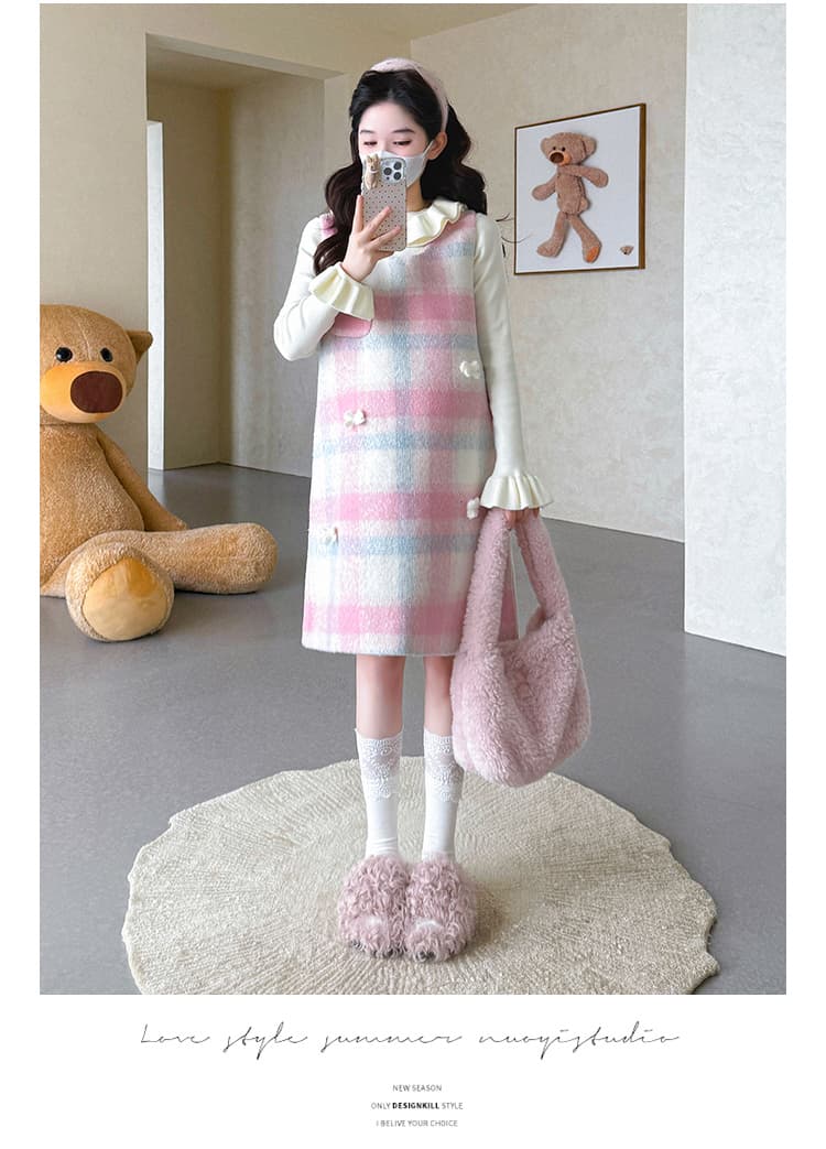 지금 실사 가을 겨울 한 부서 달콤함 체크무늬 수공 나비 매듭 조끼 스커트 레이스 스웨터 세트 상세 이미지 22