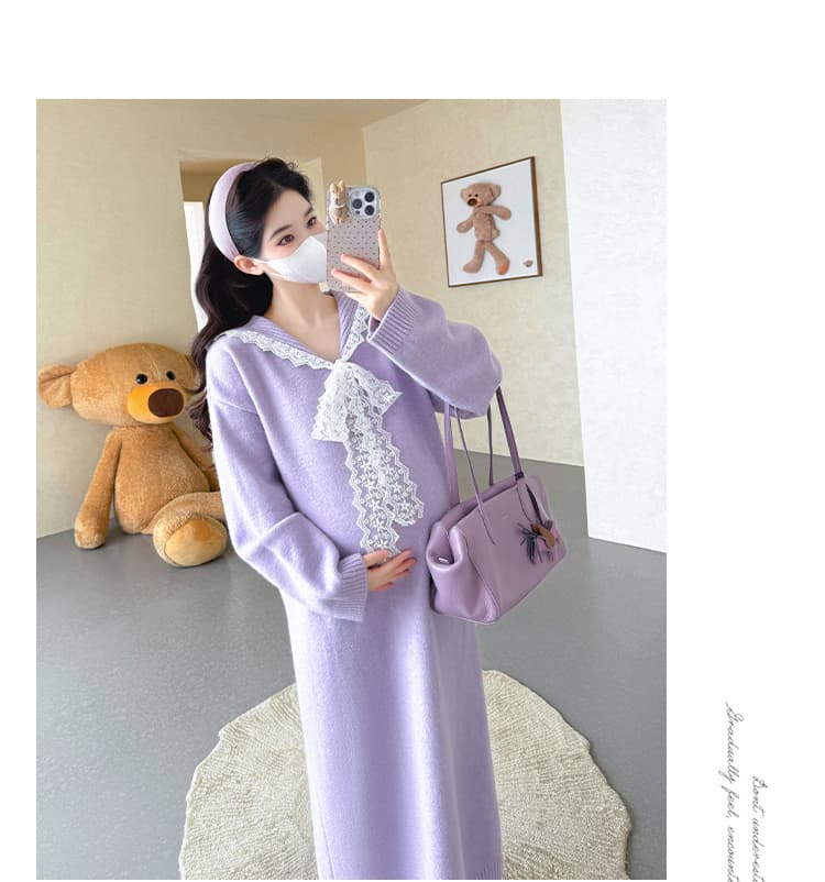 지금 실사 가을 겨울 한국 스타일 두꺼운 해군 칼라 패치워크 레이스 대 에디션 빅 사이즈 드레스 상세 이미지 27