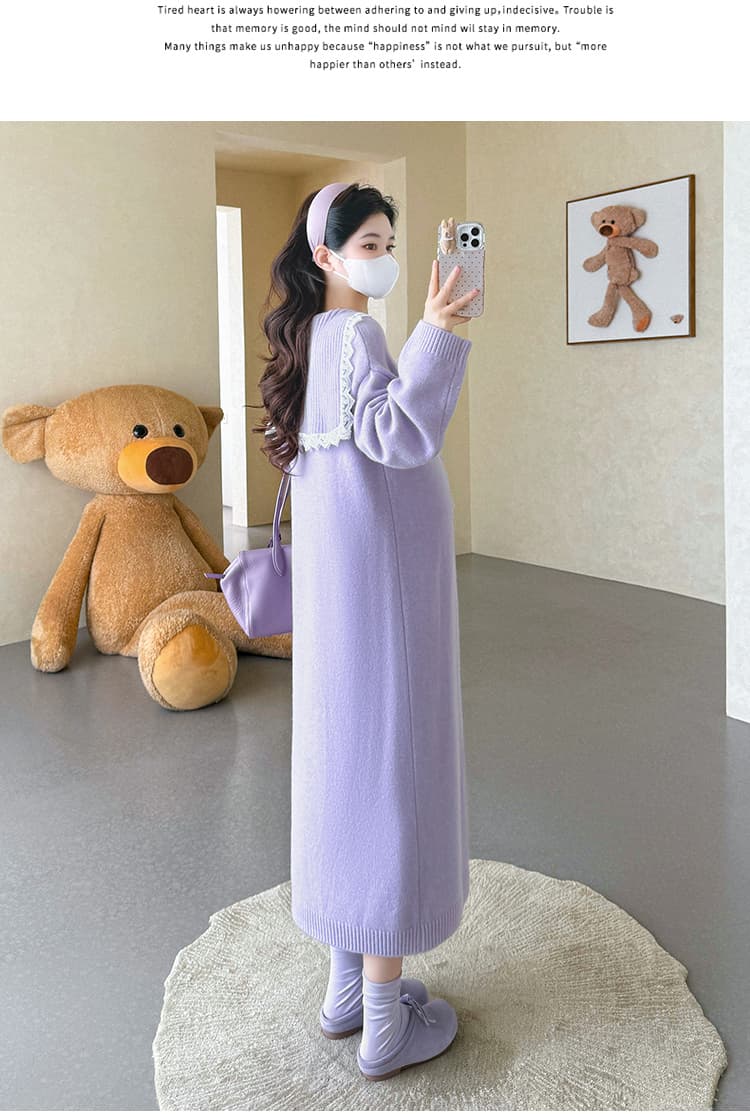 지금 실사 가을 겨울 한국 스타일 두꺼운 해군 칼라 패치워크 레이스 대 에디션 빅 사이즈 드레스 상세 이미지 33