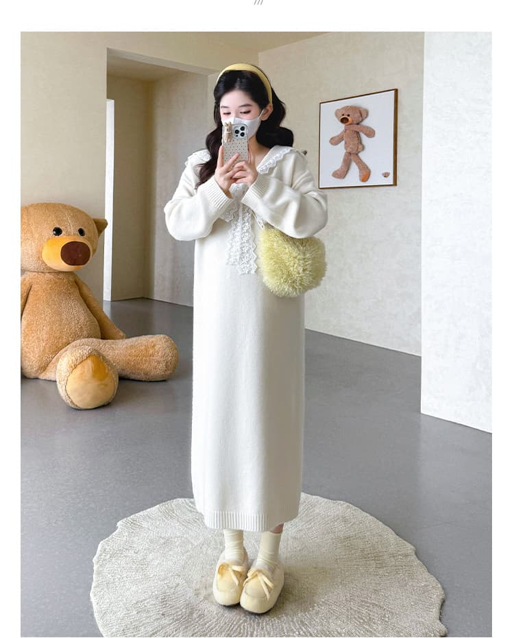 지금 실사 가을 겨울 한국 스타일 두꺼운 해군 칼라 패치워크 레이스 대 에디션 빅 사이즈 드레스 상세 이미지 46