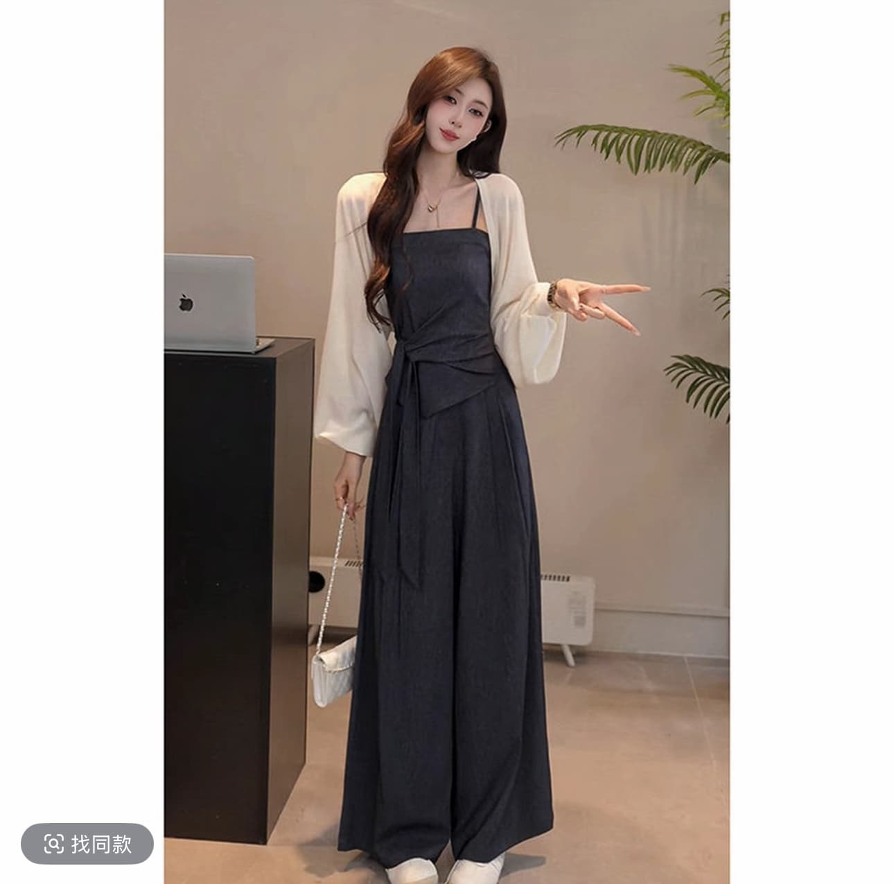 yuanliansu 둥근 얼굴 파삭 파삭 한 딩펑 주문 천 금빛 바람 오픈 가디건 캐미솔 와이드 레그 팬츠 세트 이미지 2
